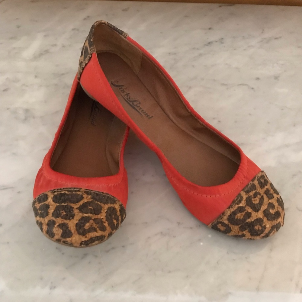 Lucky Brand leopard and orange ballet flats.